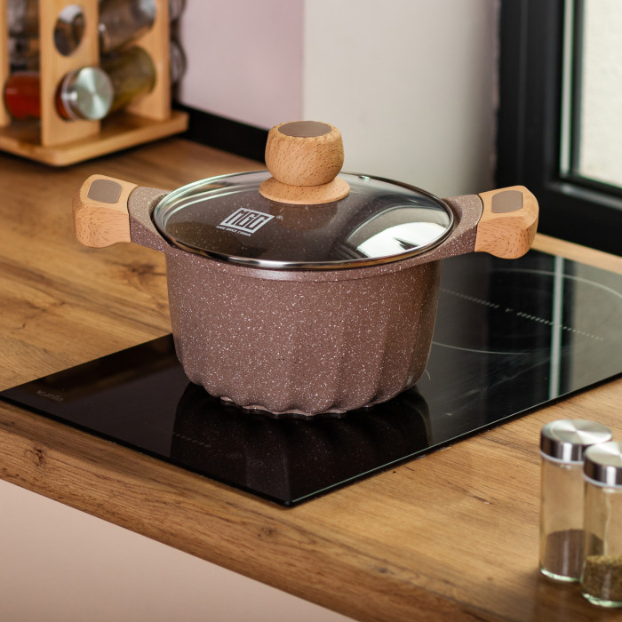 Алюмінієва каструля об'ємом 3 літри з кришкою Ø 20 см, мармурове антипригарне покриття MGC кавового кольору HP-4-432CO