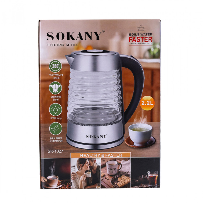Електрочайник Sokany SK1027CST 2.2 літра скляний 2000 Вт з підсвічуванням